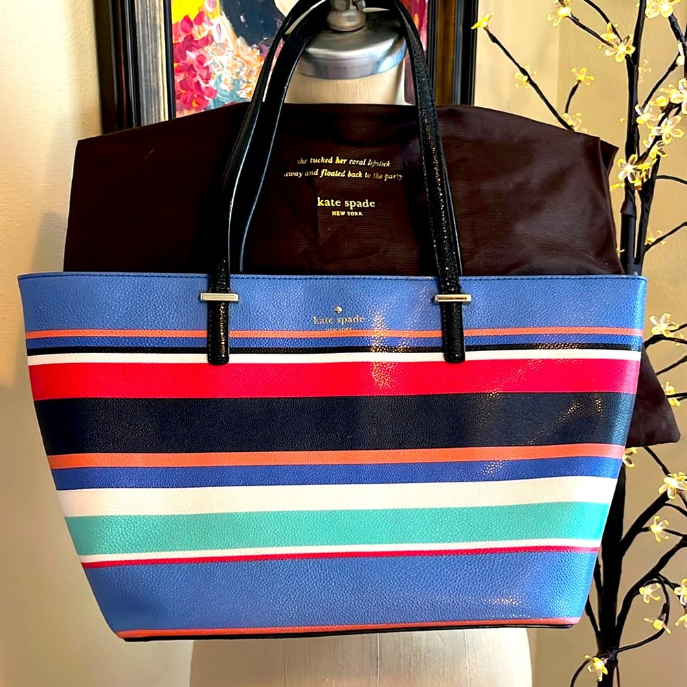 Kate Spade Cedar Street Stripe Multicolor Leather Tote with Carrying Bag